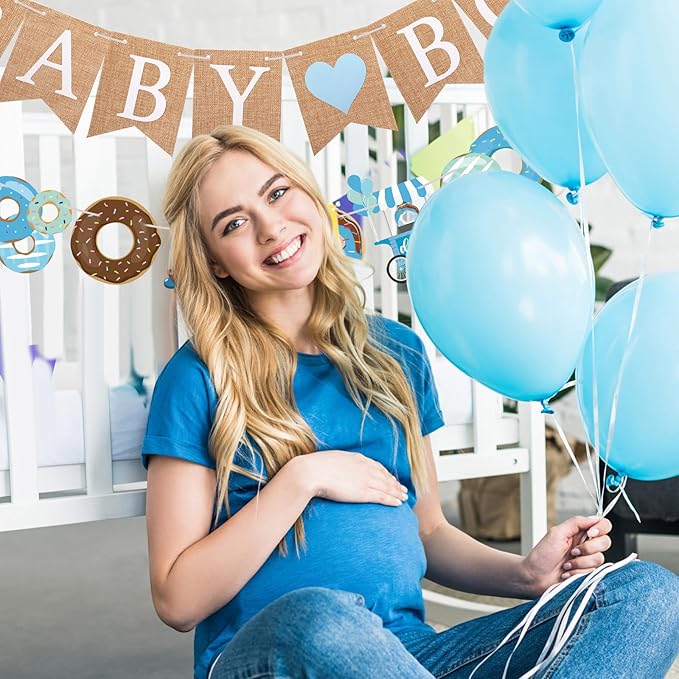 2 Pcs Baby Boy Shower Decorations Pre-Strung Baby Boy Burlap Banner and Donut Toy Banner for Gender Reveal Birthday Party Decorations