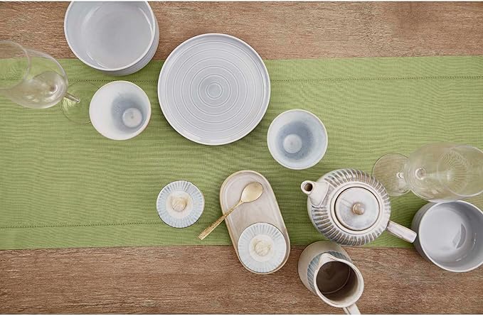 Solino Home Linen Moss Green Hemstitch Table Runner 48 Inches - 100% Pure Linen Small Table Runner 14 x 48 Inch Ideal for Dresser and Coffee Tables - Classic Hemstitch - Fall, Winter