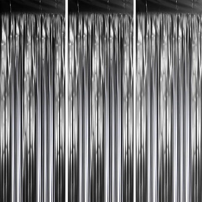 3 Pack 3.3 x 8.2 ft Matte Black Foil Fringe Backdrop Curtains,Gray Tinsel Streamers Party Decorations, Fringe Backdrop, Door Shimmer for New Years, Halloween, Black Theme Party