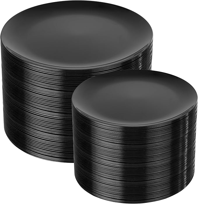 I00000 200 PCS Black Plastic Plates for 100 Guests Include: 10.25 inch 100 Pieces Dinner Plate and 7.5 inch 100 Pieces Dessert Plate, Premium Halloween Plastic Plates Perfect for Party & Halloween