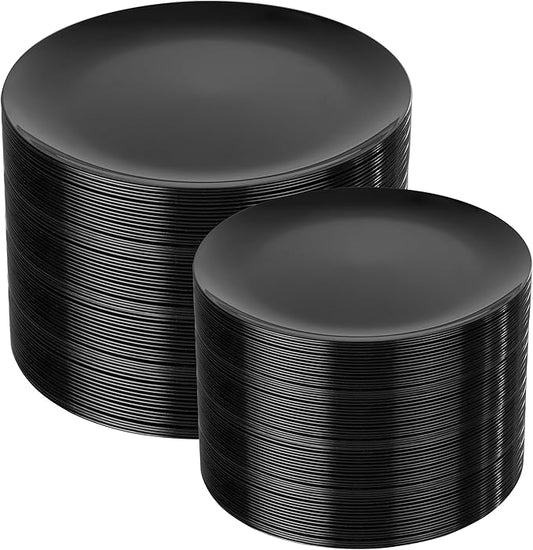 I00000 200 PCS Black Plastic Plates for 100 Guests Include: 10.25 inch 100 Pieces Dinner Plate and 7.5 inch 100 Pieces Dessert Plate, Premium Halloween Plastic Plates Perfect for Party & Halloween