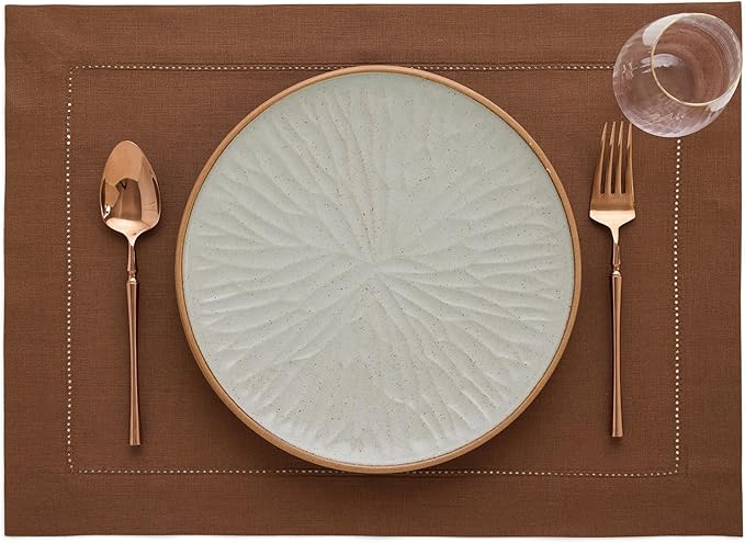 Solino Home Linen Placemats Set of 4 - Classic Hemstitch Brown Placemats 14 x 19 Inch - 100% Pure Linen Table Mats for Fall, Autumn