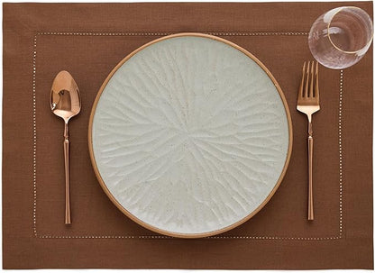 Solino Home Linen Placemats Set of 4 - Classic Hemstitch Brown Placemats 14 x 19 Inch - 100% Pure Linen Table Mats for Fall, Autumn