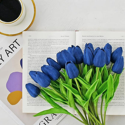 ONLY ART Artificial Navy Blue Tulips 20 Pcs – 13.5 Inch PU Faux Flowers with Bendable Stems for Home Décor, Wedding Centerpieces, DIY Floral Arrangements, Table Decorations