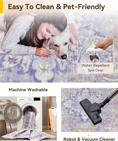 Area Rugs 2'x8' Runner Rug Non Slip Washable for Kitchen Hallway Bedroom Beside Laundry Room Bathroom Rug, Floor Carpet, Light Purple Brown