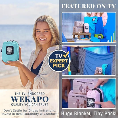 WEKAPO Beach Blanket Sandproof Waterproof, Extra Large Beach Mat, Oversized & Compact Sand Free Mat Quick Drying, Lightweight & Durable with Stakes & Corner Pockets