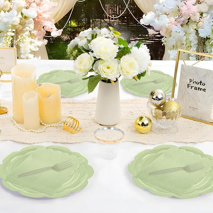 96 Pcs Sage Green Paper Plates and Napkins Set Party Supplies, Tableware set for 24 Guest include Disposable Sage Green Scalloped Plates, Napkins and Forks for Baby Shower Bridal Shower Wedding