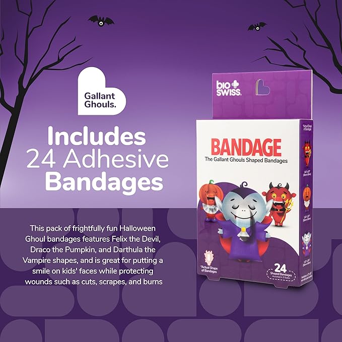 BioSwiss Kids Bandages, Halloween Ghouls Shaped Self Adhesive Bandage Set, Latex Free, Sterile Wound Care, 24 Count