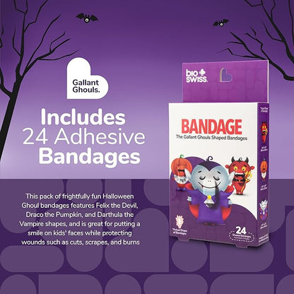 BioSwiss Kids Bandages, Halloween Ghouls Shaped Self Adhesive Bandage Set, Latex Free, Sterile Wound Care, 24 Count