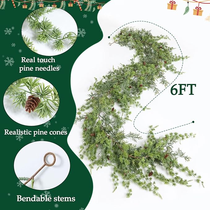 MIZII Christmas Garlands 6 Feet Artificial Pine Garland with Pinecone Hanging Plant Pines Vine Greenery Garland Christmas Decorations for Xmas Fireplace Mantle Home Decor Indoor Outdoor (Hanging Pine)