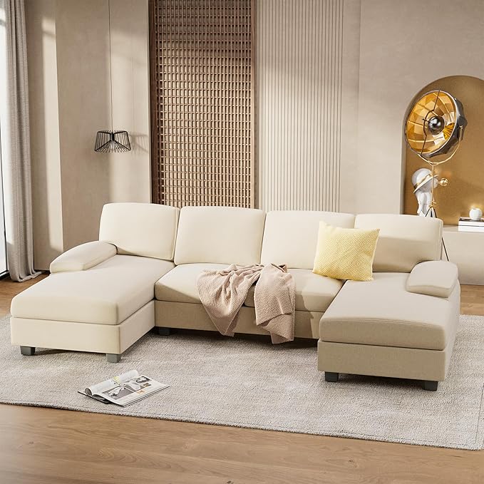 Furniwell Convertible Sectional Sofa Couch, 4 Seat Sofa Set for Living Room U-Shaped Modern Fabric Modular Sofa Sleeper with Double Chaise & Memory Foam (Fabric, White)