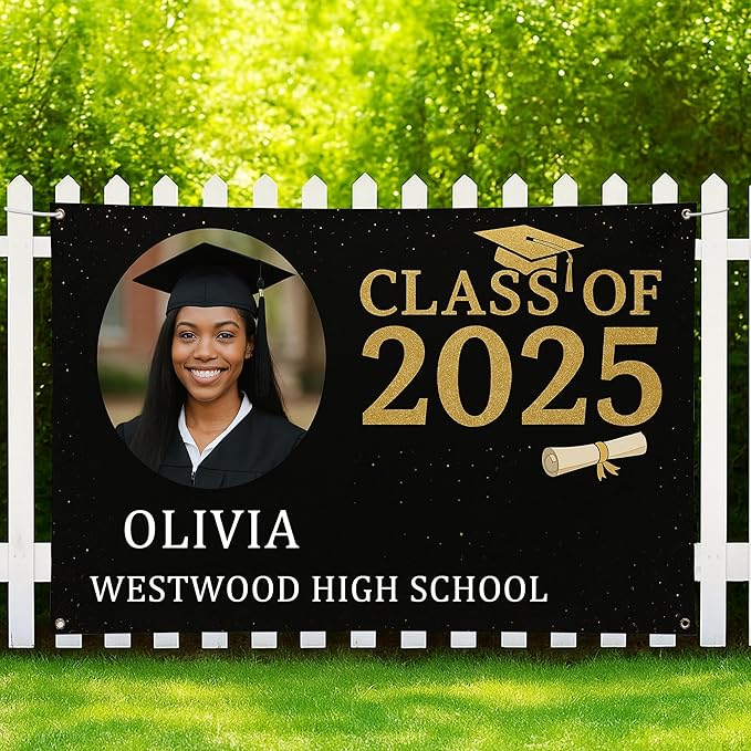 Custom Graduation Banner Class of 2025 with Photo and Name – Personalized Congrats Sign for High School or College Seniors – Indoor Outdoor Graduation Party Decoration