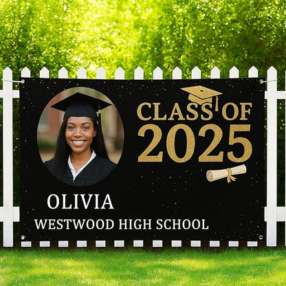 Custom Graduation Banner Class of 2025 with Photo and Name – Personalized Congrats Sign for High School or College Seniors – Indoor Outdoor Graduation Party Decoration