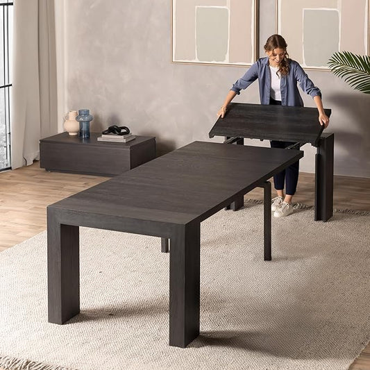 Transformer Table - Solid Wood Extendable Dining Table, Seats 2-12, Expandable Dining Room Table, Space-Saving Furniture, Kitchen and Dining Room Furniture (Black, Table + Coffee Table)