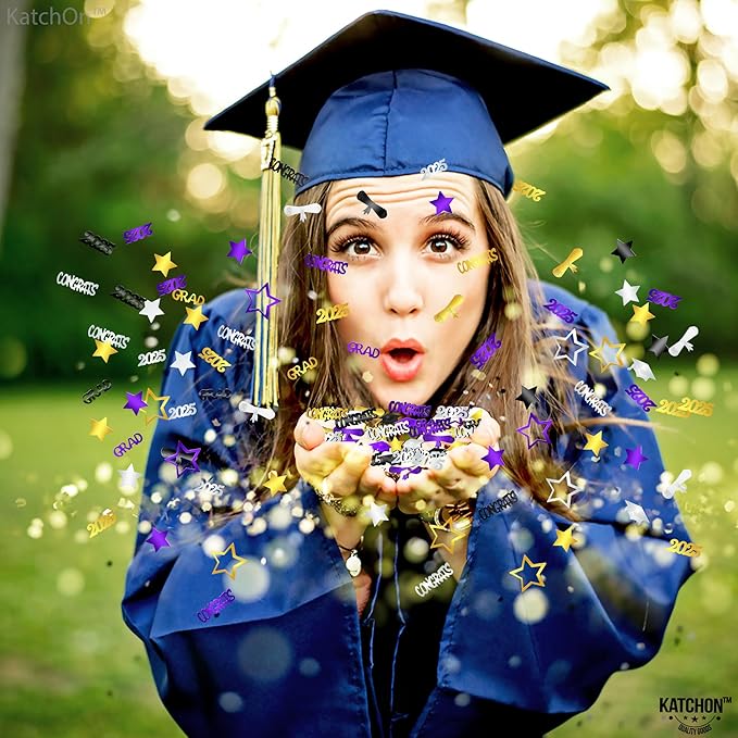 KatchOn, Congrats Grad Confetti 2025 - Pack of 1000 | Purple and Gold Graduation Decorations 2025 | Graduation Table Decorations 2025 | Black, Silver, Purple and Gold Confetti for Table Decor