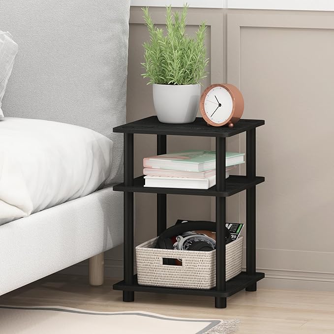 Furinno TURN-N-TUBE Side Table, 3-Tier End Table, Open Shelves Nightstand, Night Stand, Bedside Table, Easy Assembly, for Living Room, Bedroom, Blackwood | Easy Assembly, Multipurpose