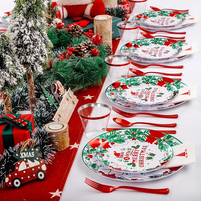 Liacere 175Pcs Christmas Plastic Plates - Green and Red Plastic Plates - include 50 Christmas Plate 25 Cups 75 Plastic cutlery 25 Tree Napkins - Suitable For All Kinds Of Holidays