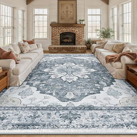Area Rugs 10'x14' Washable Non-Slip, Floral Vintage Distress Print Pattern Medallion Carpet for Living Room Bedroom Dining Room, Light Gray Grey White