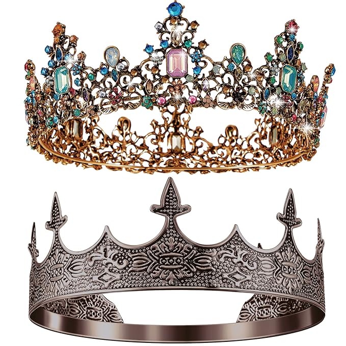 Sureio 2 Pcs King and Queen Crowns Set Antique Baroque Royalty Tiaras Costume Accessories for Halloween Couple Cosplay, Birthday Wedding Prom Party(Noble Style)
