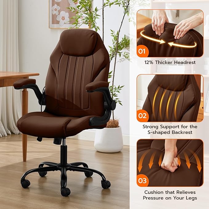 Office Desk Chair, Ergonomic Computer Chair with Padded Flip-Up Arms and Adjustable Lumbar Support, PU Leather Executive Chair with Tilt Lock and 360° Swivel Rolling Wheels for Work, Study