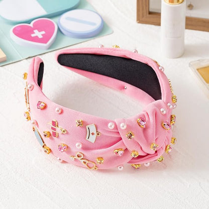 PANTIDE Nurse Jeweled Knotted Headband - Christmas Nurse Day Gift Medical Mask Rhinestone Crystal Pearl Embellished Headband Wide Top Knot Hair Accessories for Doctor Nursing Student Women Girl (Pink)