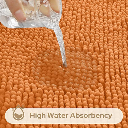HOMEIDEAS 3 Pieces Bathroom Rugs, Ultra Soft Non Slip Absorbent Chenille Toilet Bath Mat Set (Orange)