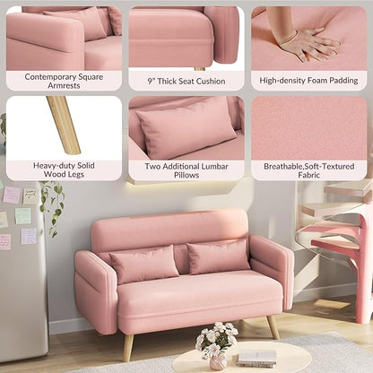 Yaheetech 46" Small Modern Fabric Sofa Loveseat Mid Century 2 Seater Sofa Couch with Lumbar Pillows, Solid Wood Legs for Living Room, Small Space, Dorm, Office, Bedroom, Pink