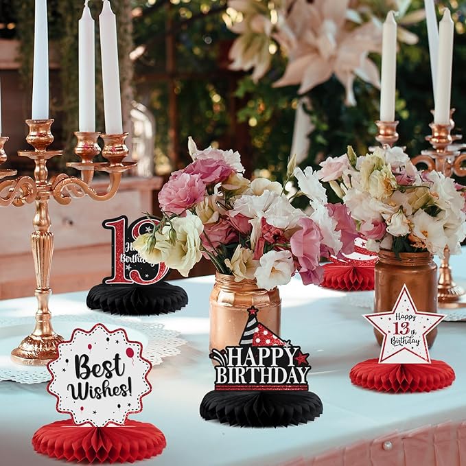 Happy 13th Birthday Decorations,13th Birthday Red Glitter Shiny Stand Honeycomb Table Centerpieces - Cheers to Thirteen Years Old Birthday Party Photoprop Gift Sign.