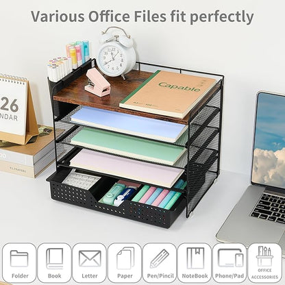 Desk Organizers and Accessories, 5-Tier Paper Letter Tray Organizer with Drawer & 2 Pen Holders, Desktop Organizer for Office Supplies (Wood)