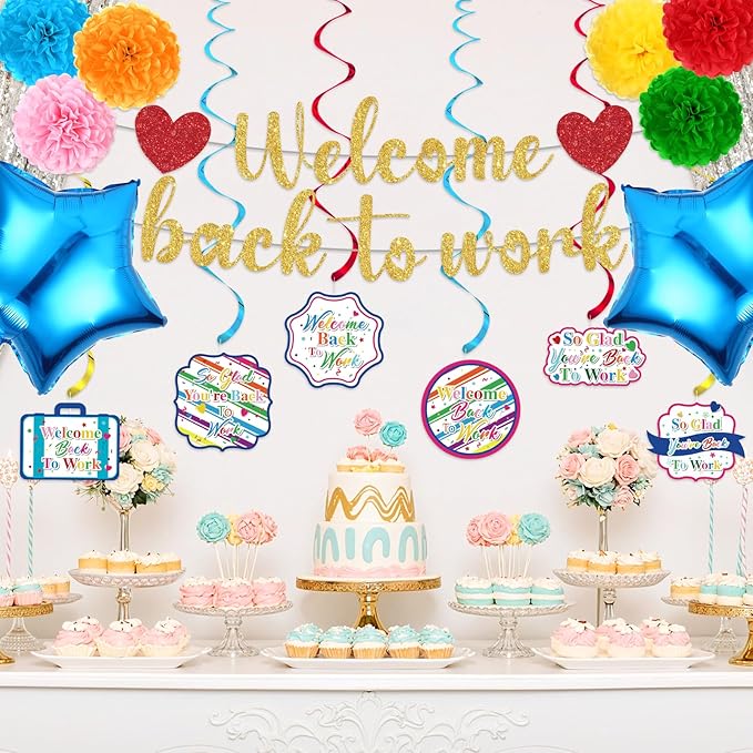 15pcs Welcome Back to Work Decorations for Office Colorful So Glad You're Back To Work Banner Hanging Swirls Balloons Pompoms for Office Work Anniversary Decor for Home, Office Party Supplies