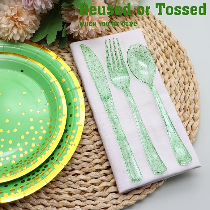 150 PCS Green Plastic Silverware, Green Glitter Plastic Utensils - 50 Forks, 50 Knives, 50 Spoons for Birthday, Baby Shower, Picnic, Graduation Party