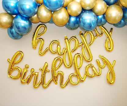 Gold Happy Birthday Balloons Banner | Script/Cursive Gold Letter Balloon Sign for Birthday Party Decor/Decoration | Foil Mylar Happy Birthday Banner