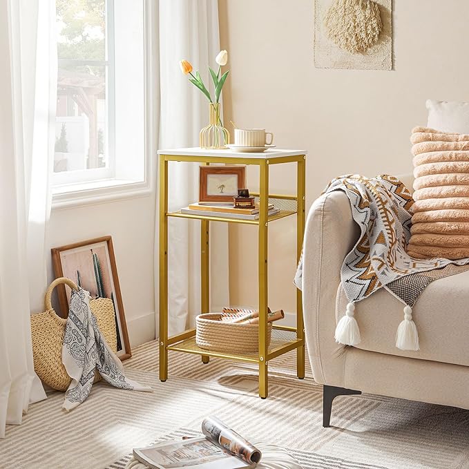 HOOBRO Tall Side Table, 3-Tier Telephone End Table with Adjustable Mesh Shelves, Small Entryway Table with Storage, Small Nightstand for Living Room, Bedroom, Hallway, White and Gold DW01DH01G1