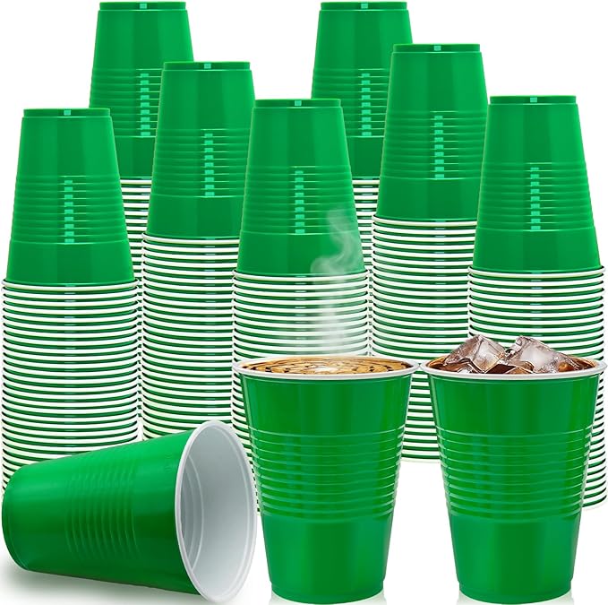200 Count Green Plastic Cups - Green Disposable Cups for Party Birthday Picnics Christmas (16 oz)
