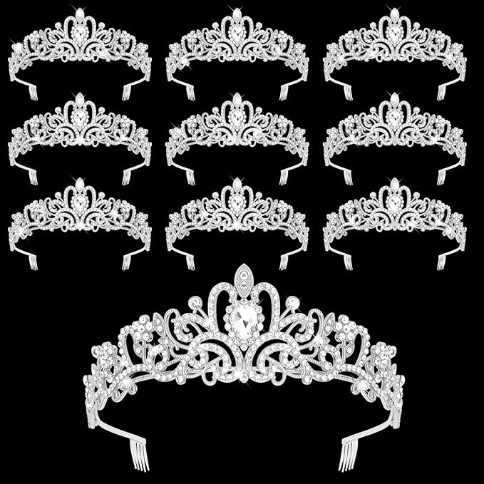 CIEHER 10 PCS Crowns for Women, Crystal Queen Crown Princess Tiaras for Prom Birthday Party Halloween Costume - Silver