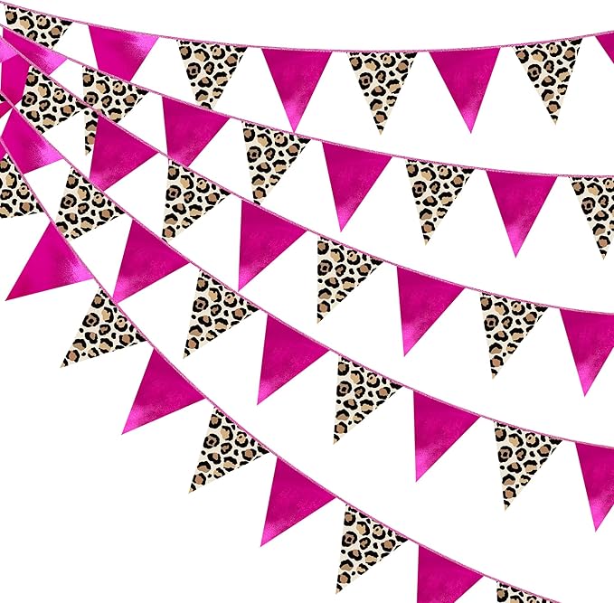 Hot Pink Leopard Print Pennant Banner Flag Hanging Paper Triangle Bunting for Cheetah Print Leopard Theme Birthday Baby Shower Wedding Bachelorette Engagement Bridal Shower Party Decorations Supplies