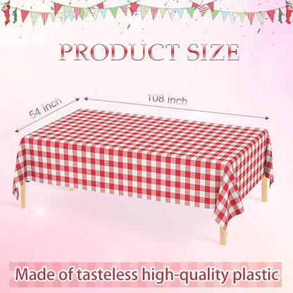 WNINK 4 Pack Red Gingham Tablecloth Rectangular Red and White Checkered Tablecloths Disposable Plastic Red Plaid Table Cover for Parties, Christmas, Outdoor Picnic, Birthday, Wedding, Camping 54 × 108