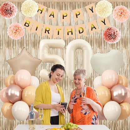 Beige 50th Birthday Decorations for Women Cream Number 50 Balloon Nude Gold Happy Birthday Banner Fringe Curtain Paper Pom Poms Blush White Sand Champagne Star Foil Balloons Neutral Boho Party Decor