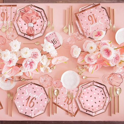Rose Gold & Pink Sweet 16 Birthday Bundle: Party Supplies Set with paper Plates, Napkins, Cups, Tablecloth & Banner - Sweet Sixteen Decorations, Party Favors ，Serves 25