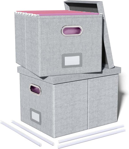 2 Pack File Storage Organizer, Filing Box, Portable File Box with Lid, Fit for Letter/Legal File Folder Storage, Document Organizer, Gray-White