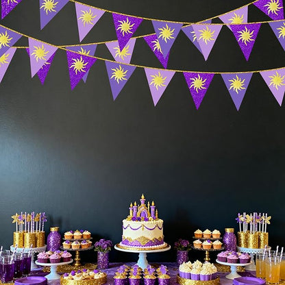 30Ft Purple Sun Party Decorations Purple Pennant Banner Flag Hanging Paper Triangle Bunting with Gold Sun for Birthday Baby Shower Bridal Shower Wedding Bachelorette Engagement Lavender Party Supplies