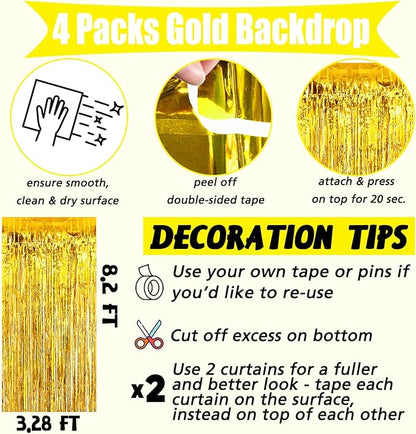 4 Pack 2024 New Year Fringe Curtain Backdrop, 3.2Ft x 8.2Ft Metallic Tinsel Foil Fringe Streamers Background for Photo Booth Birthday Wedding Baby Shower Carnival Easter Party Decorations Gold
