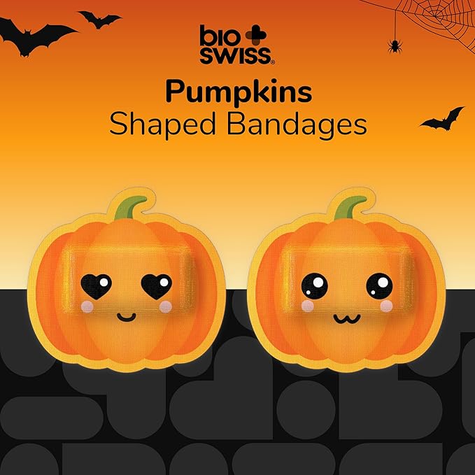 BioSwiss Kids Bandages, Halloween Pumpkin Shaped Self Adhesive Bandage Set, Latex Free, Sterile Wound Care, 24 Count