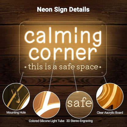 Calming Corner Neon Sign for Classroom Decor Warm White, Dimmable Calm Down Corner Led Light Sign for Kids Room Classroom Library School Therapy Office, Gifts USB Powered for Home Preschool 12"X7.6"