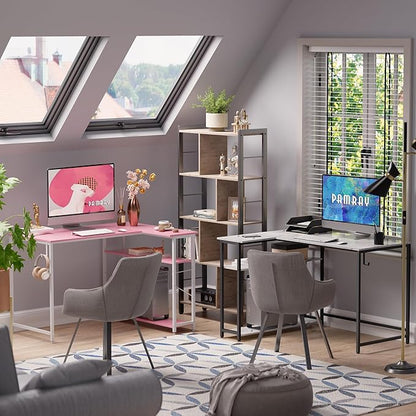 Pamray 43 Inch L Shaped Computer Desk with Reversible Side Storage Shelves, Small Corner Desk for Small Space Home Office,Writing Study Table PC Desk for Bedroom,Pink with White Leg
