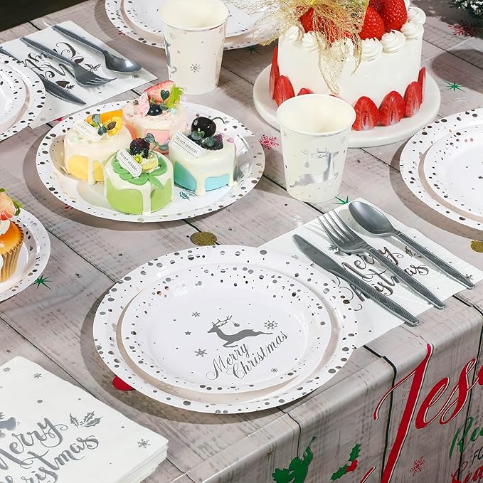 175 Pcs Merry Christmas Party Dinnerware Foil Dots Christmas Paper Plates Set Elk Disposable Xmas Plates Napkins Cups for New Year Wedding Birthday Baby Shower Party Supplies Decoration (White Silver)