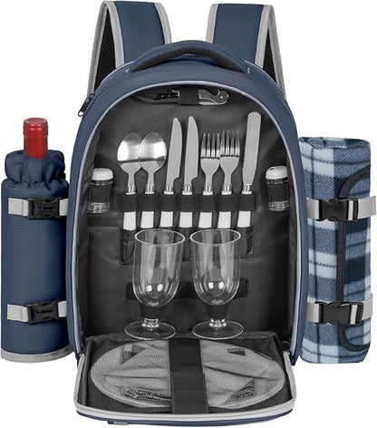 Picnic Backpack for 2 Persons with Insulated Leakproof Cooler Compartment, Cutlery Sets, Wine Holder, Fleece Blanket, Wedding Gifts for Couples, Perfect for Beach, Camping, Hiking, Blue
