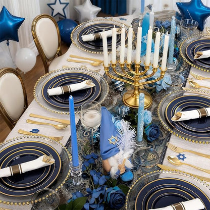 350PCS Navy Blue and Gold Plastic Plates with Rolled Napkins Include Dinner Plate 10’’, Dessert Plate 7’’, gold Cups 9 OZ, Pre Rolled Napkins 25 of each type for Hanukkah Wedding