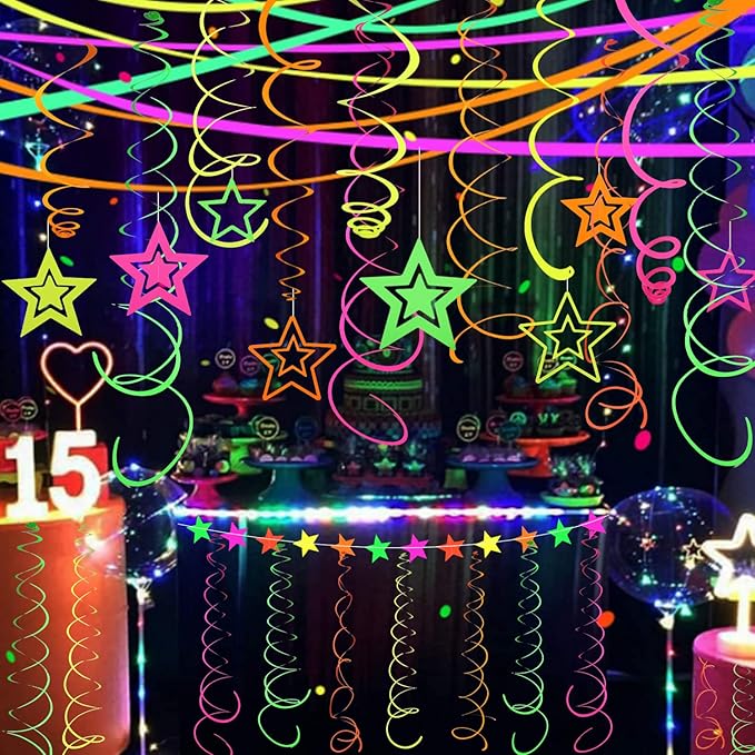 54 Pieces UV Hanging Swirl Paper Star Garlands Neon Streamers Glow Party Supplies and Decorations Black Light UV Reactive for Dark Glow Wedding Birthday Party Favors