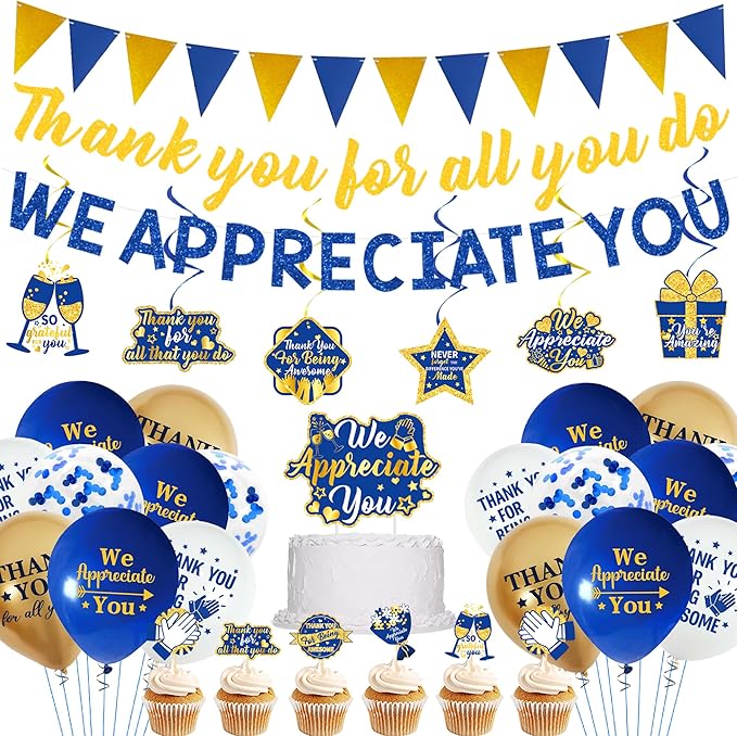 DARUNAXY Blue Gold We Appreciate You Decorations, Thank You All You Do Banner Hanging Swirl Confetti Balloons for Retirement Office Coworker Staff Teachers Nurse Appreciation Gifts Party Supply